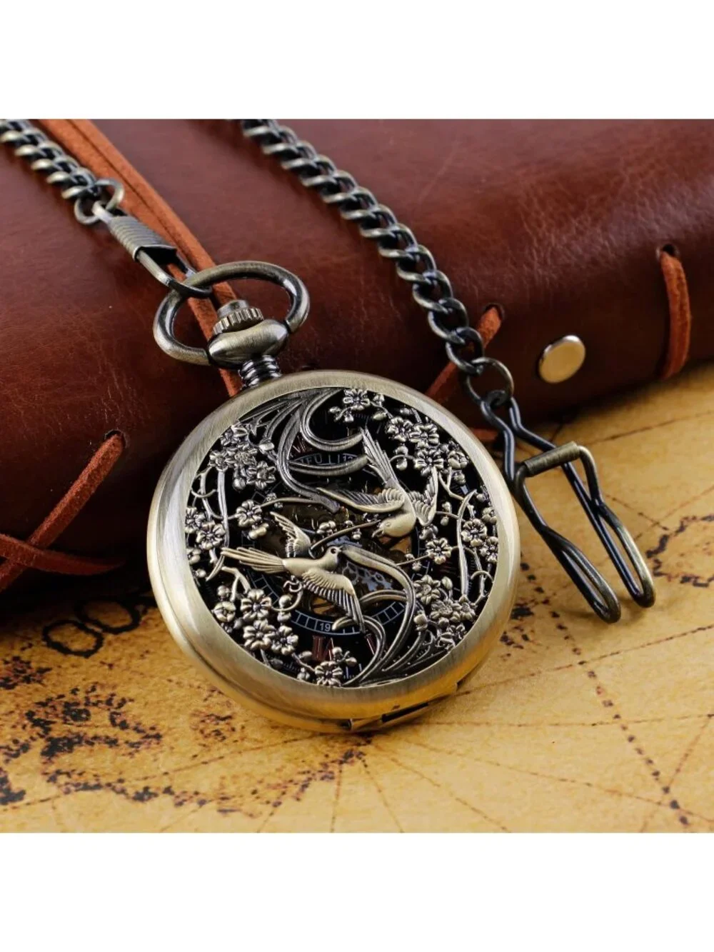 Men's Black Bronze Two Swallows Skeleton Roman Numerals Mechanical Pocket Watch